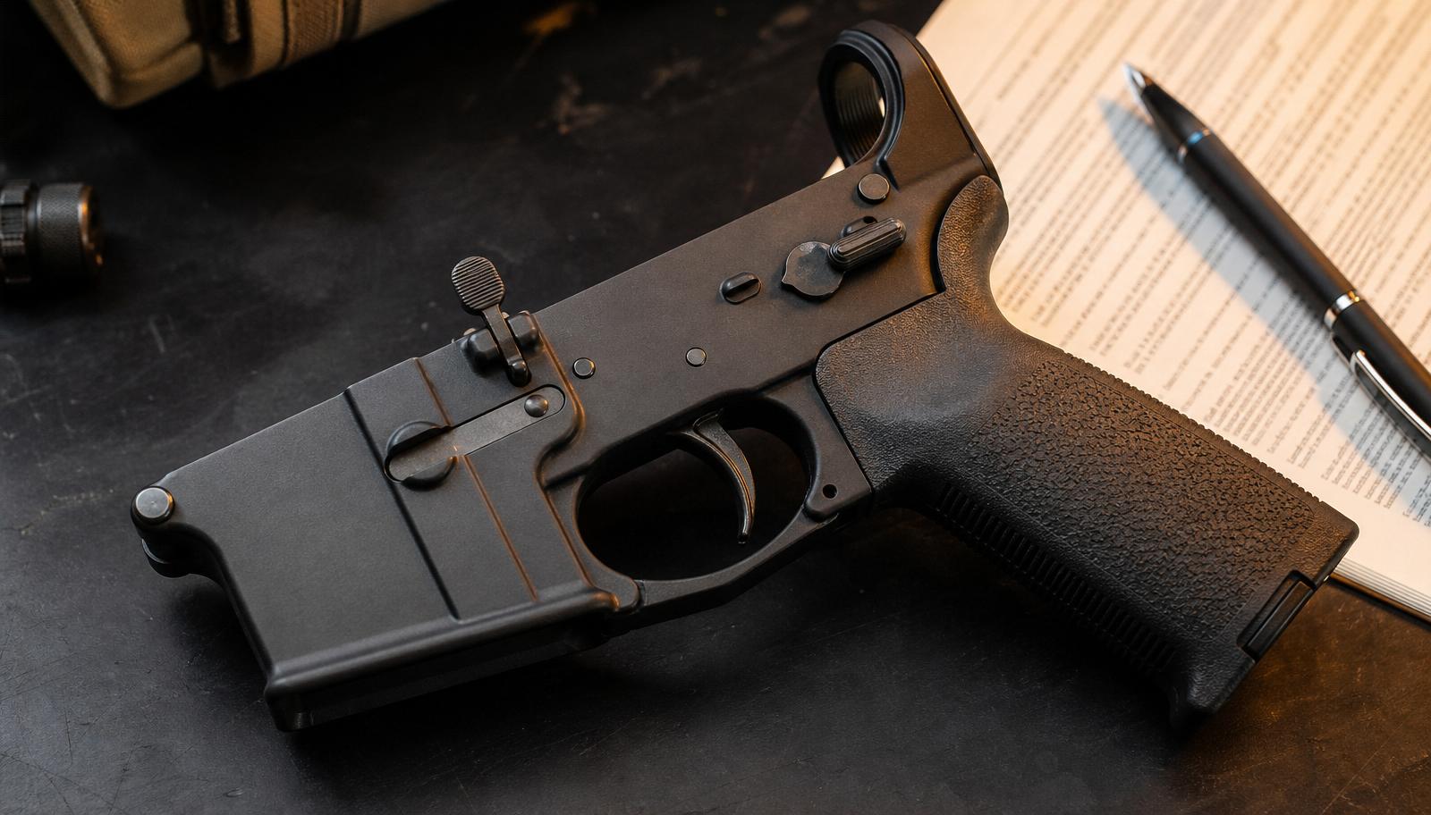 A stripped AR-15 lower receiver with pistol grip on a dark workbench next to a legal document and pen.