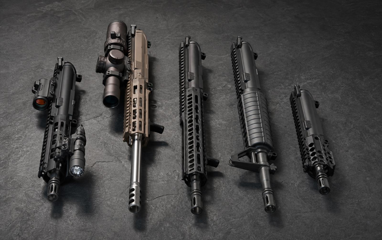 Five AR-15 uppers arranged by use case: home defense, hunting, competition, budget, and pistol builds, on dark slate.