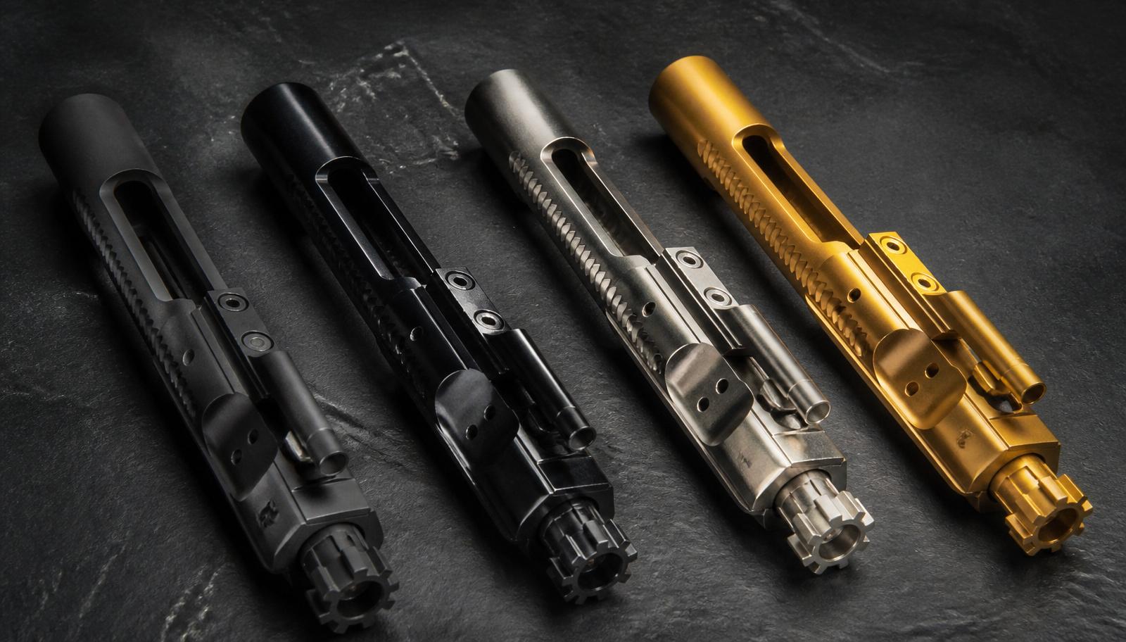 Four AR-15 bolt carrier groups on dark slate showing phosphate, black nitride, nickel boron, and titanium nitride coatings side by side.