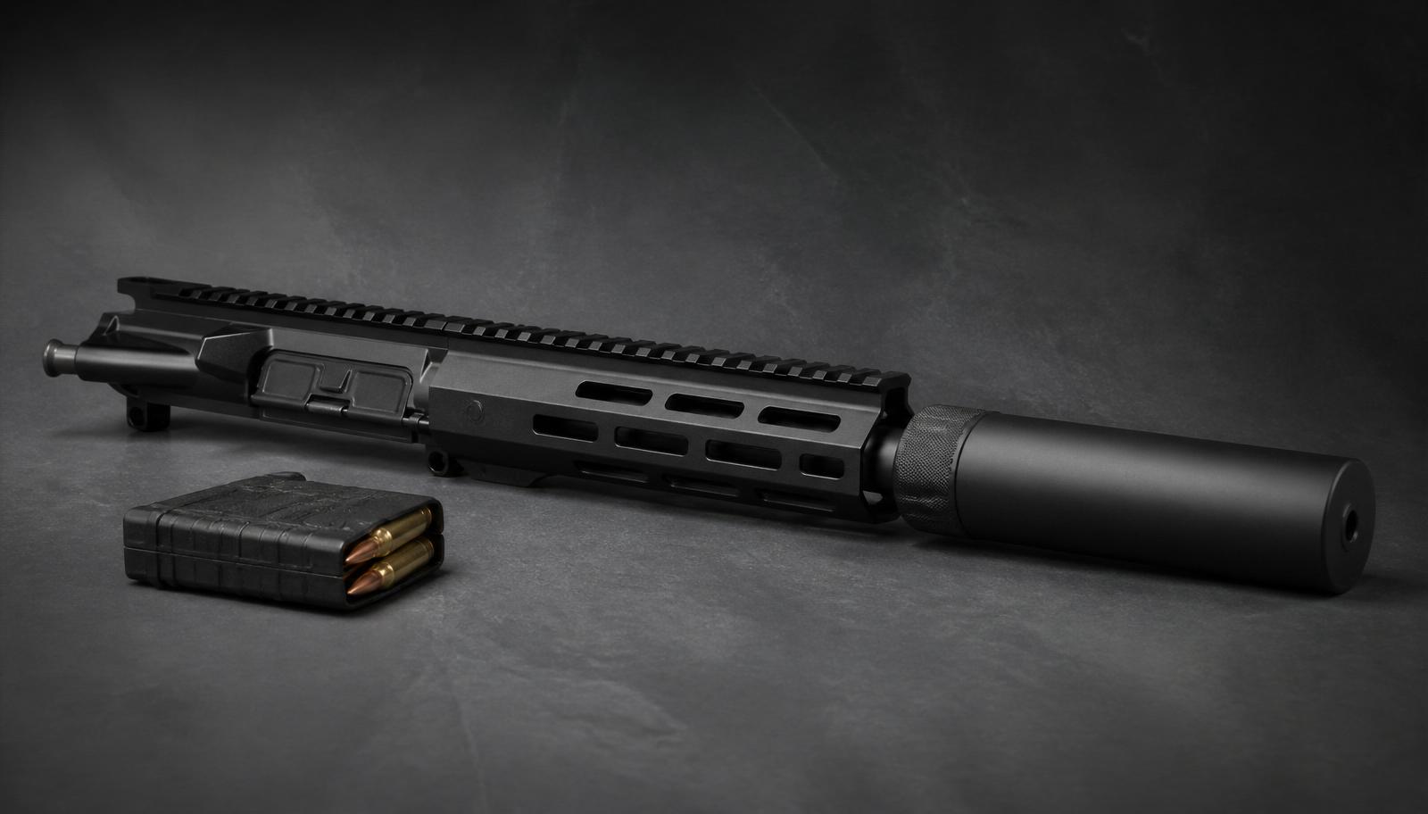 AR-15 complete upper receiver chambered in 300 Blackout with a 10.5 inch barrel, M-LOK handguard, and mounted suppressor on dark slate.