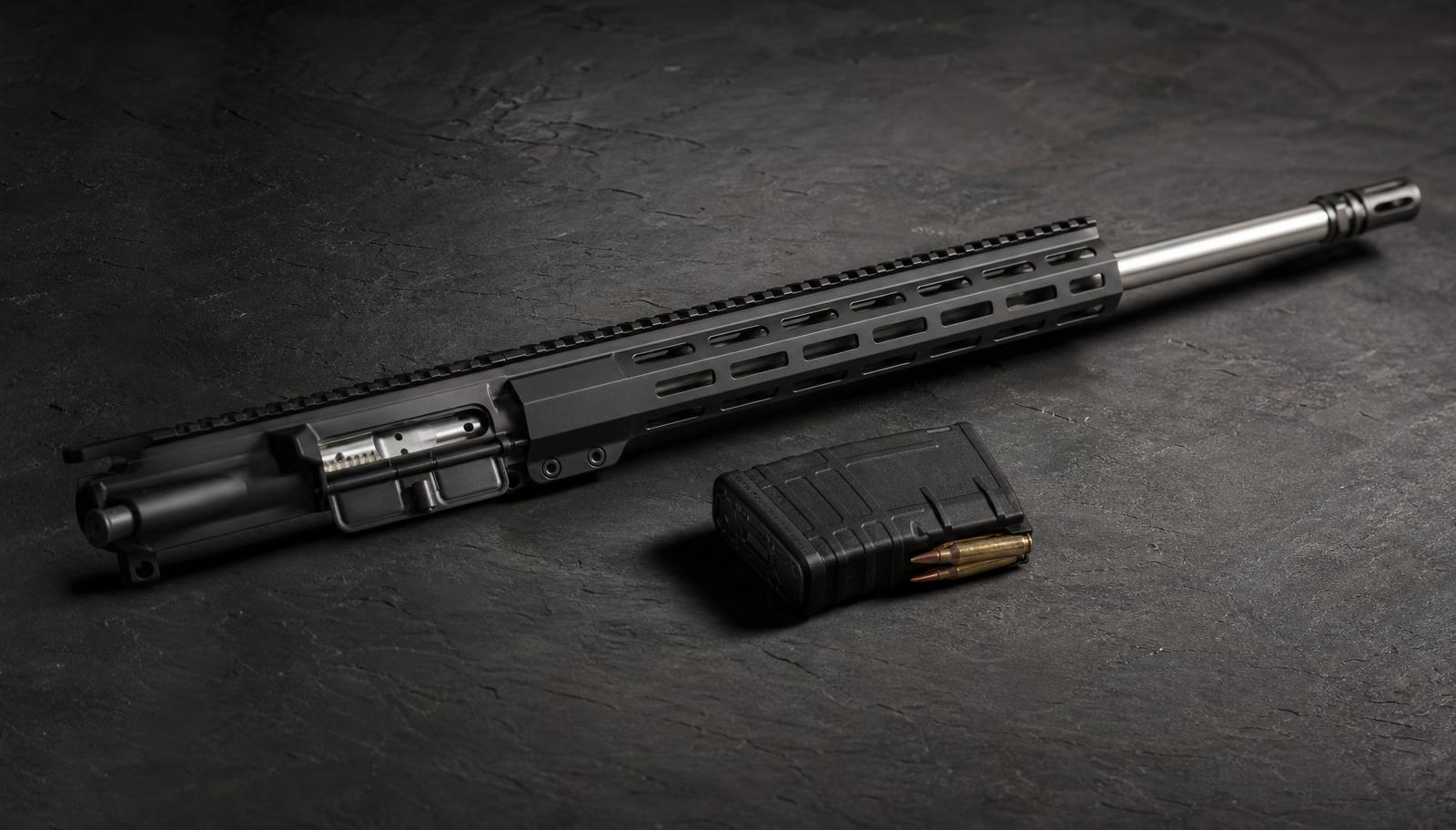 A complete AR-15 upper receiver in 6.5 Grendel with an 18 inch stainless barrel and free float M-LOK handguard on dark slate, with a loaded Grendel magazine beside it.