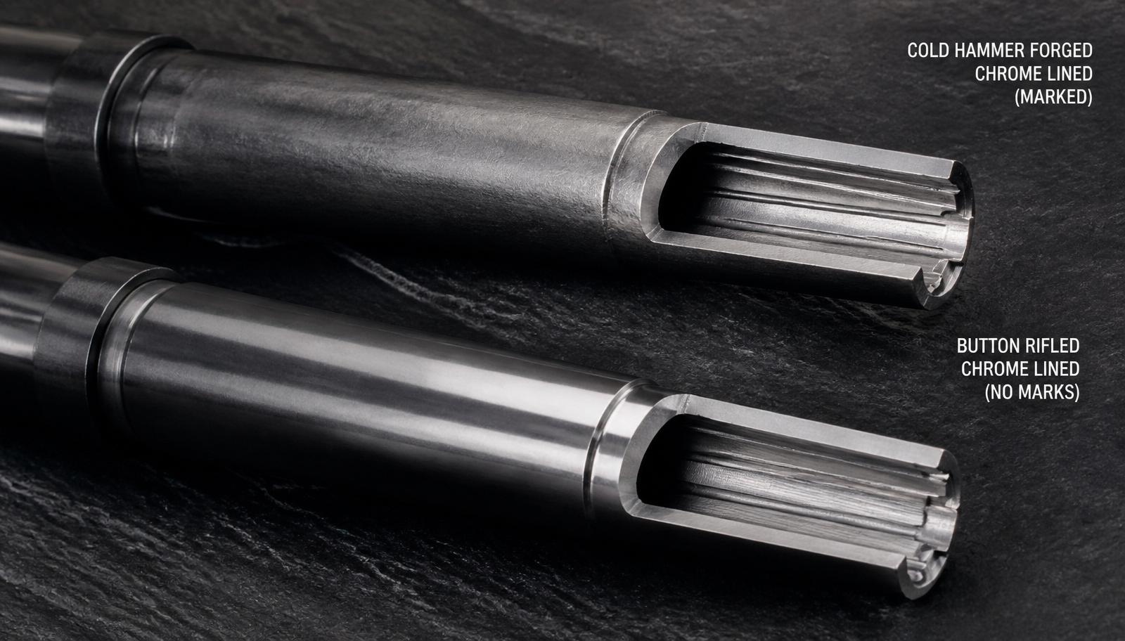 Two AR-15 barrels shown at the muzzle end, cold hammer forged and button rifled, both chrome lined, on dark slate.