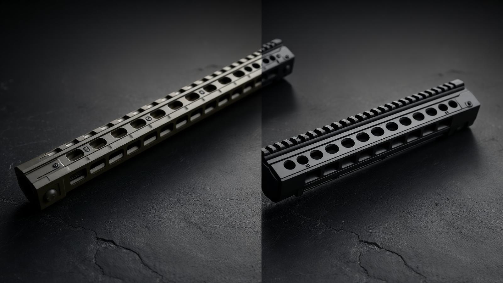 Two AR-15 handguards side by side on dark slate: a polymer drop-in handguard and an aluminum M-LOK free-float handguard.