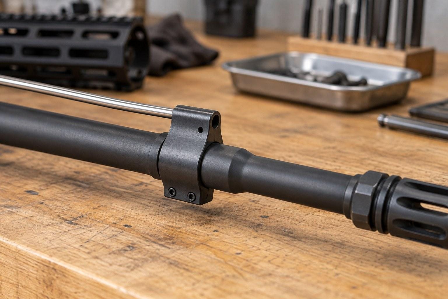 Close-up of a black rifle barrel and front assembly on a wooden workbench with tools in the background.