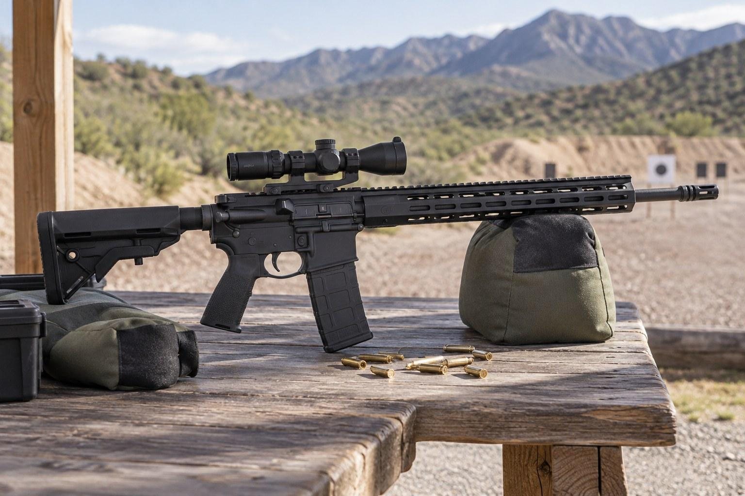 Black scoped rifle resting on shooting bags atop a wooden bench, with mountains, trees, and scattered ammunition behind it.
