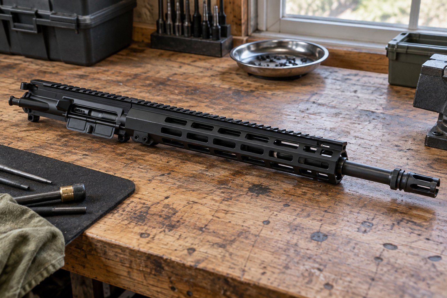 Black rifle laid across a wooden workbench near ammunition, tools, storage cases, and a window.