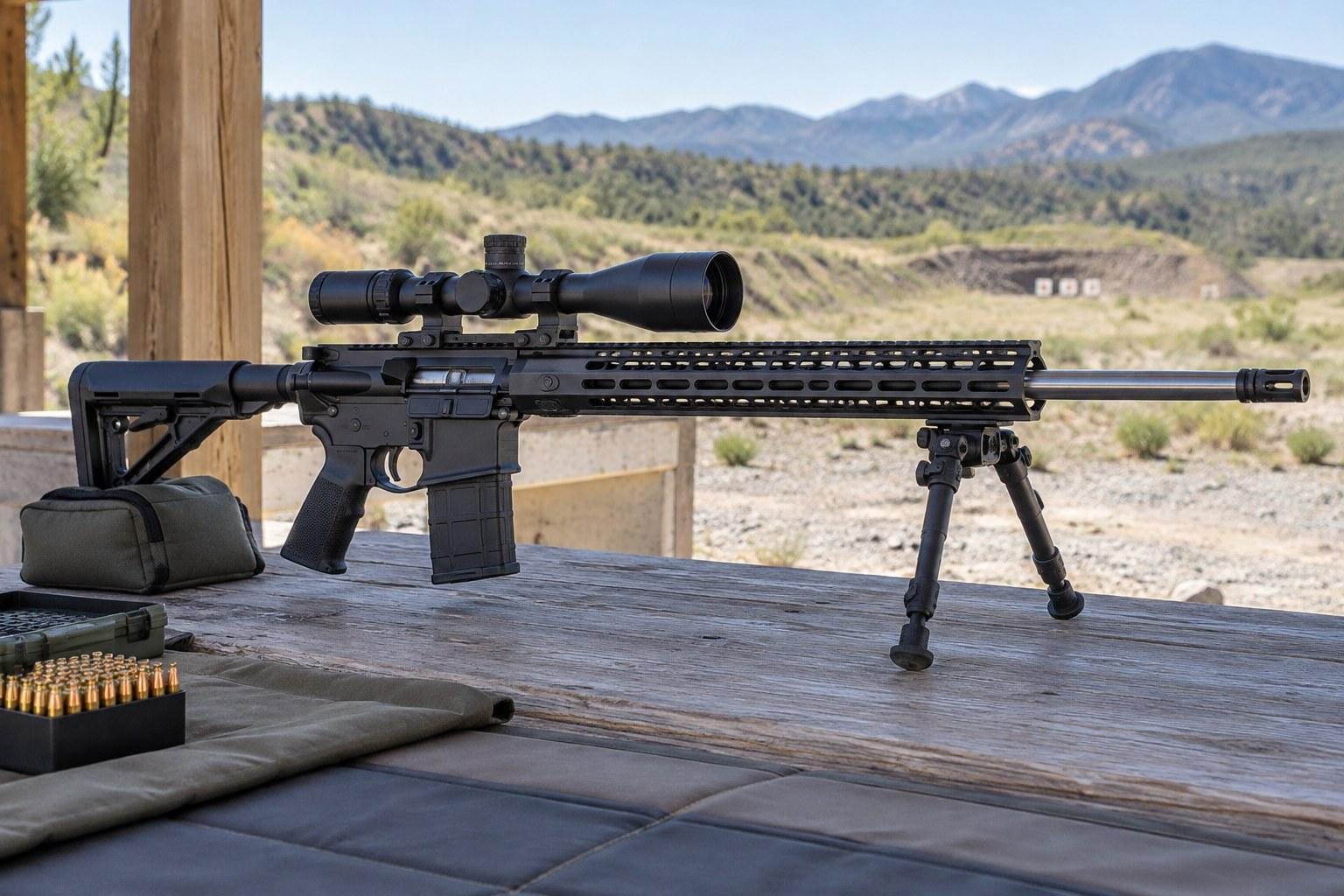 Black rifle with scope and bipod resting on a shooting bench overlooking a mountainous outdoor range.