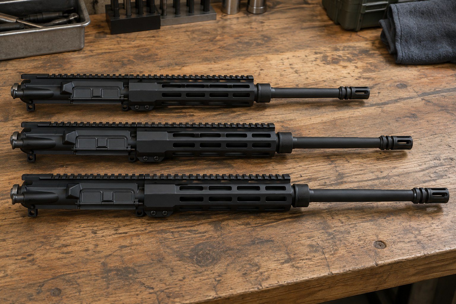 Three black rifles arranged horizontally on a wooden workbench, with dark metal components and long barrels.