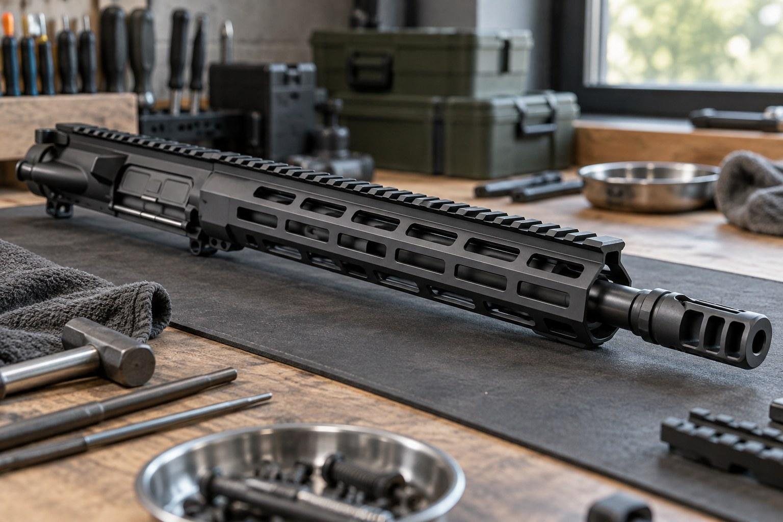 Black rifle with ventilated handguard on a workbench, surrounded by tools, containers, and metal dishes.