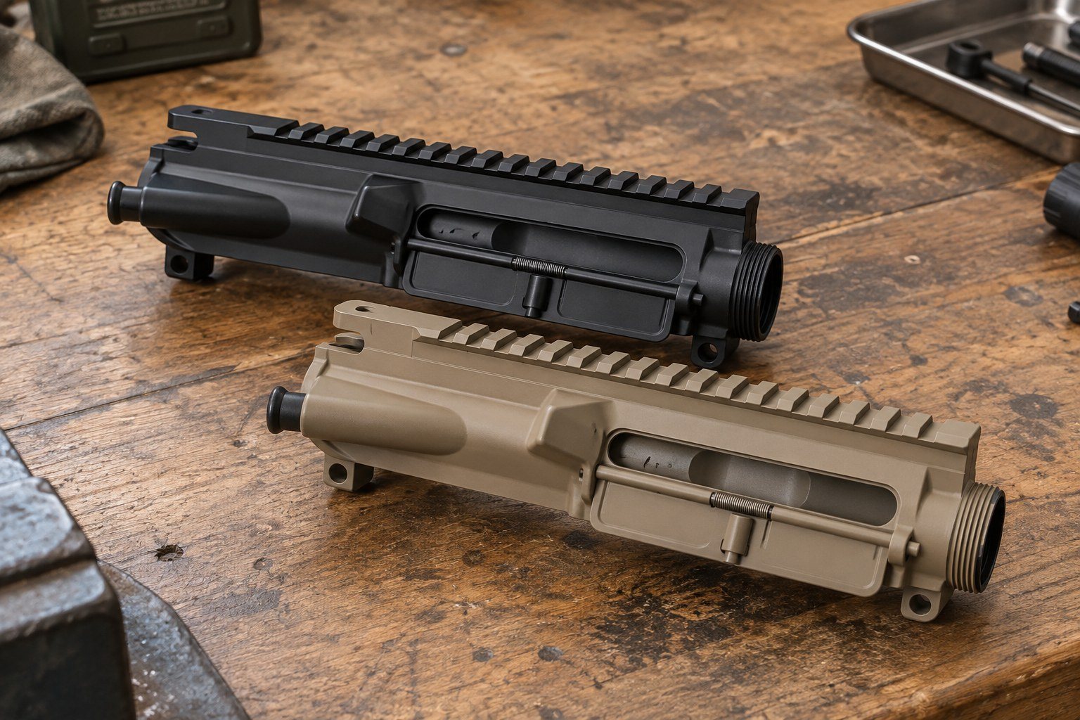 Black and tan rifle upper assemblies placed together on a wooden workbench
