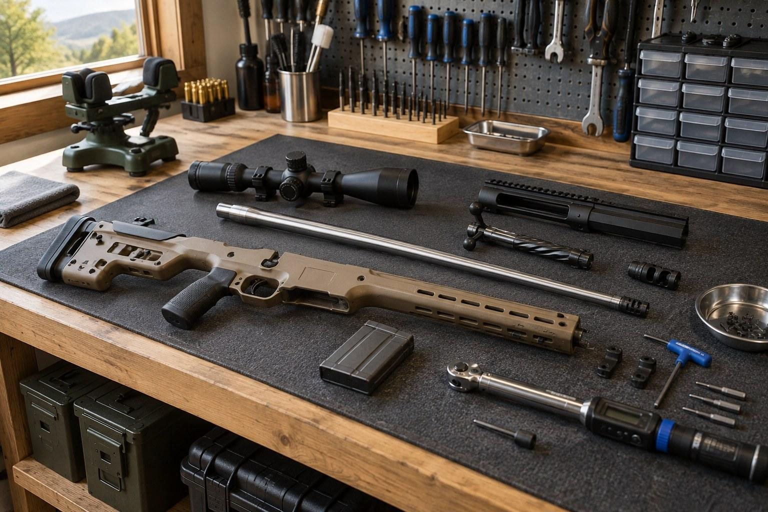 Tan rifle assembly, scope, magazines, tools, and parts arranged on a workshop bench