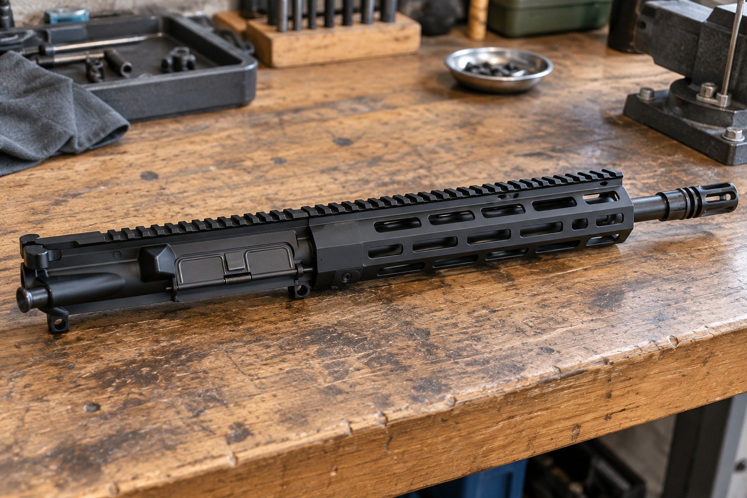 Black rifle upper assembly resting diagonally on a worn wooden workbench
