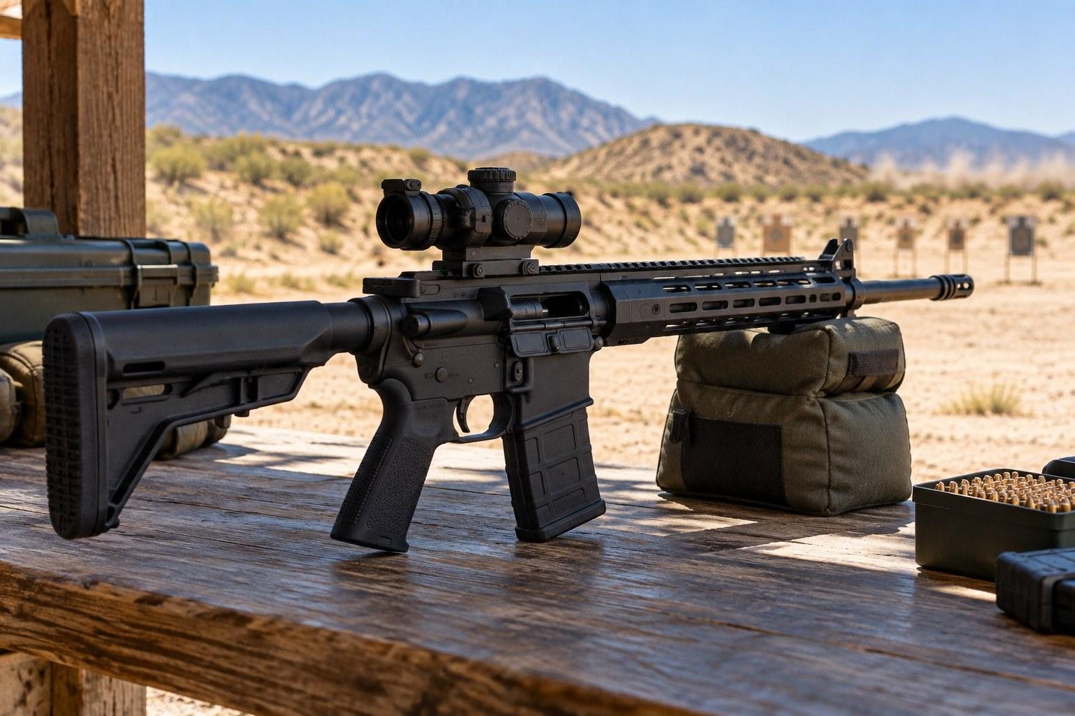 Black scoped rifle standing on a wooden shooting bench in a desert landscape with mountains beyond.