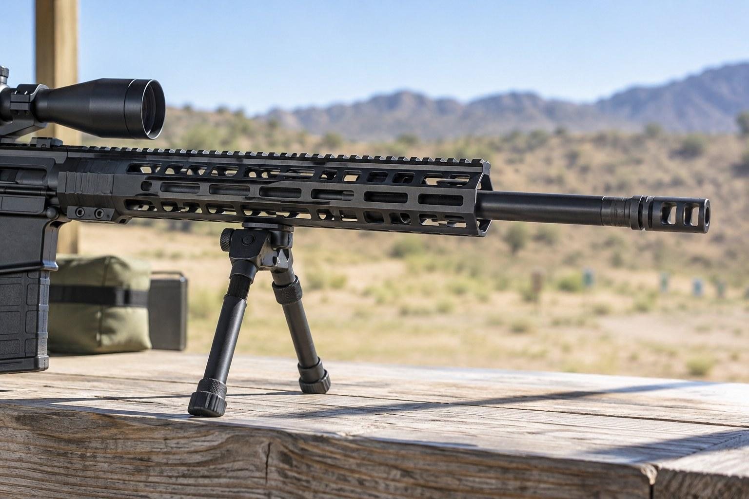 Close view of a black rifle barrel and bipod on a wooden bench overlooking desert mountains.
