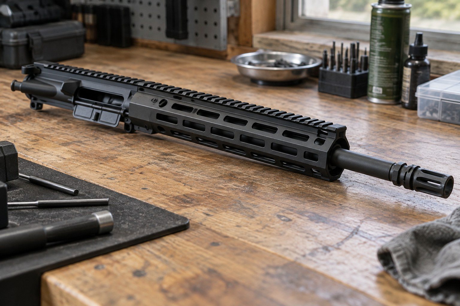 Black rifle upper assembly resting diagonally on a wooden workbench with tools and containers in the background.