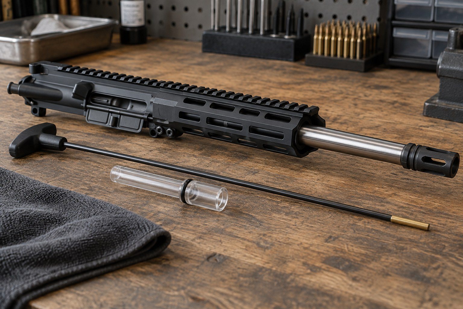 Black firearm with silver barrel beside a cleaning rod and small parts on a workshop bench.