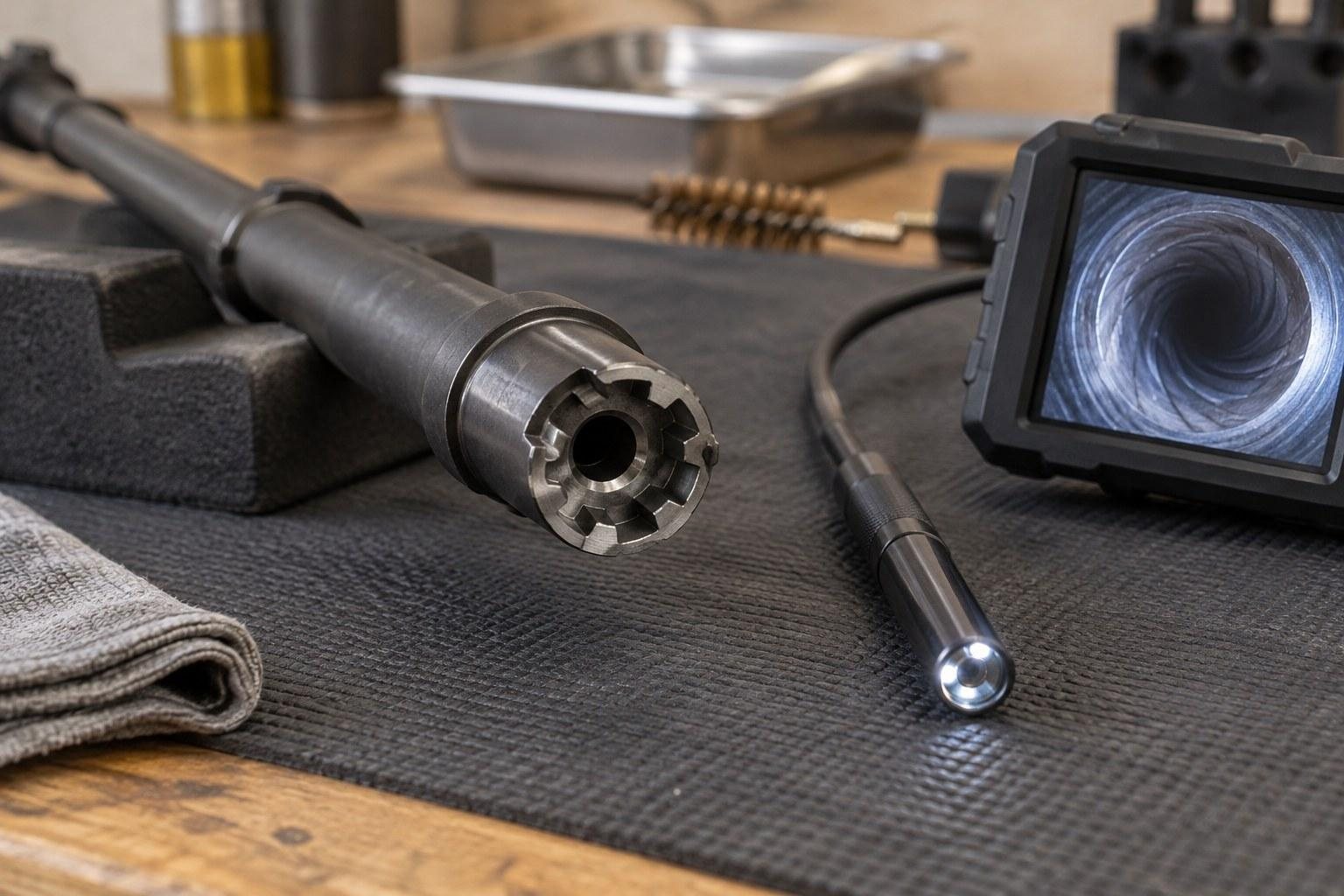Close view of a cylindrical barrel beside an illuminated inspection camera and workshop tools.