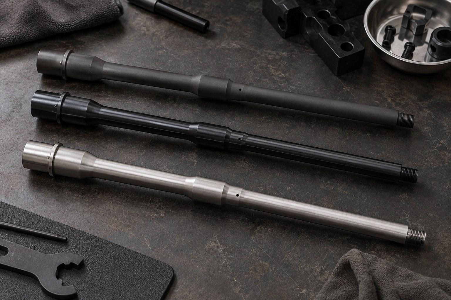 Several dark and silver cylindrical barrels arranged on a black work surface with tools nearby.