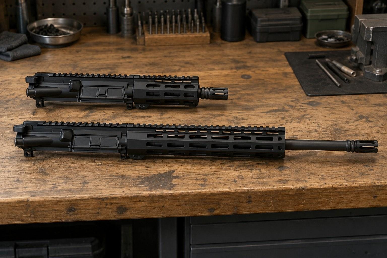 Two black rifle assemblies rest parallel on a worn wooden workbench in a workshop.