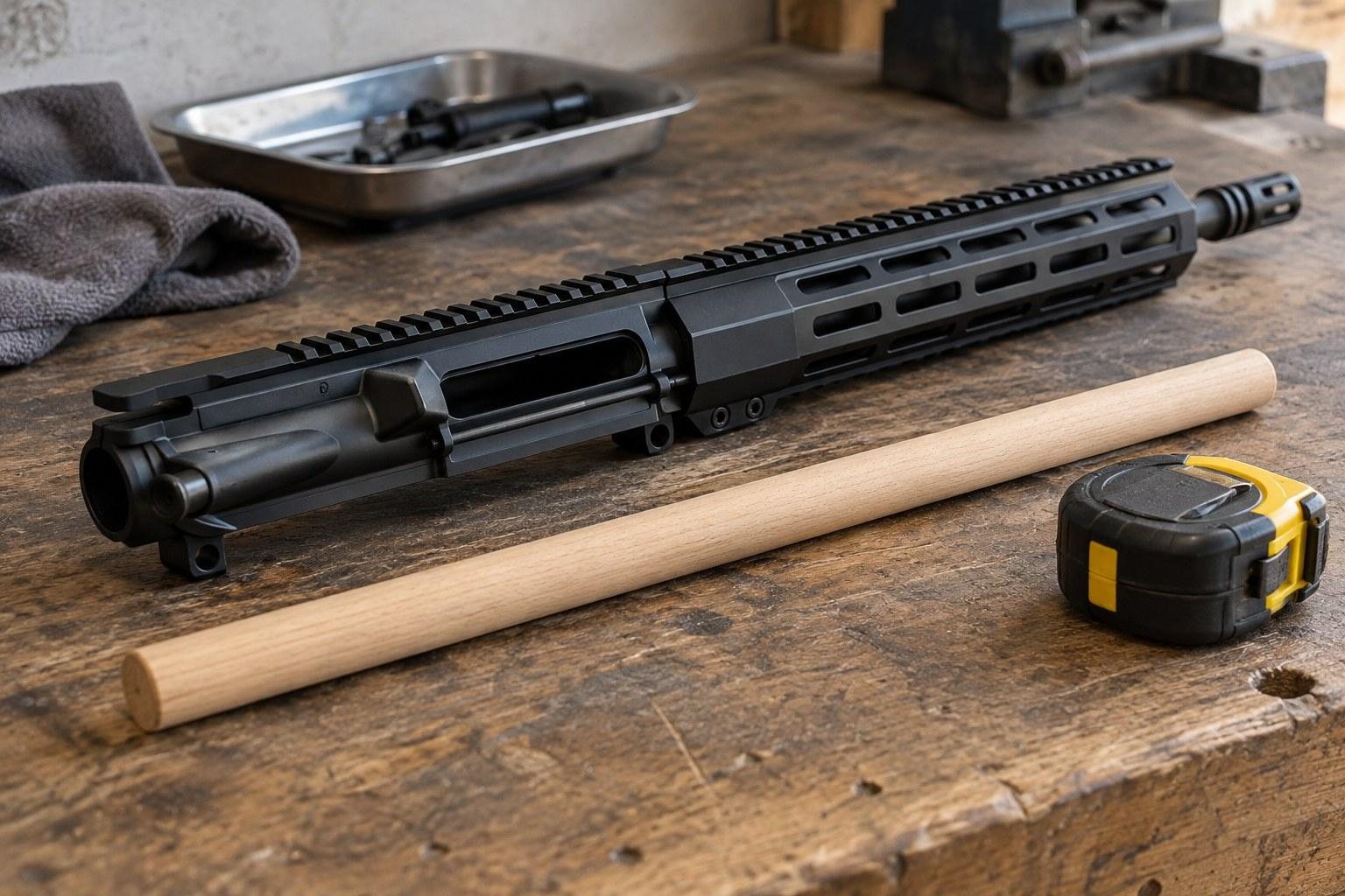 Black rifle upper assembly lies on a wooden bench beside a dowel and yellow tape measure.
