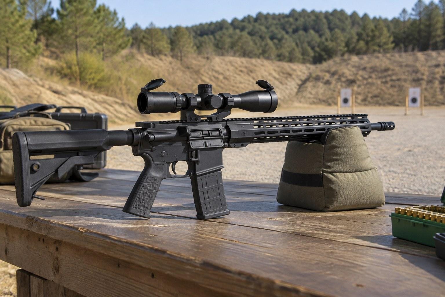 Black rifle with mounted scope rests on a wooden shooting bench outdoors, with targets and trees behind.
