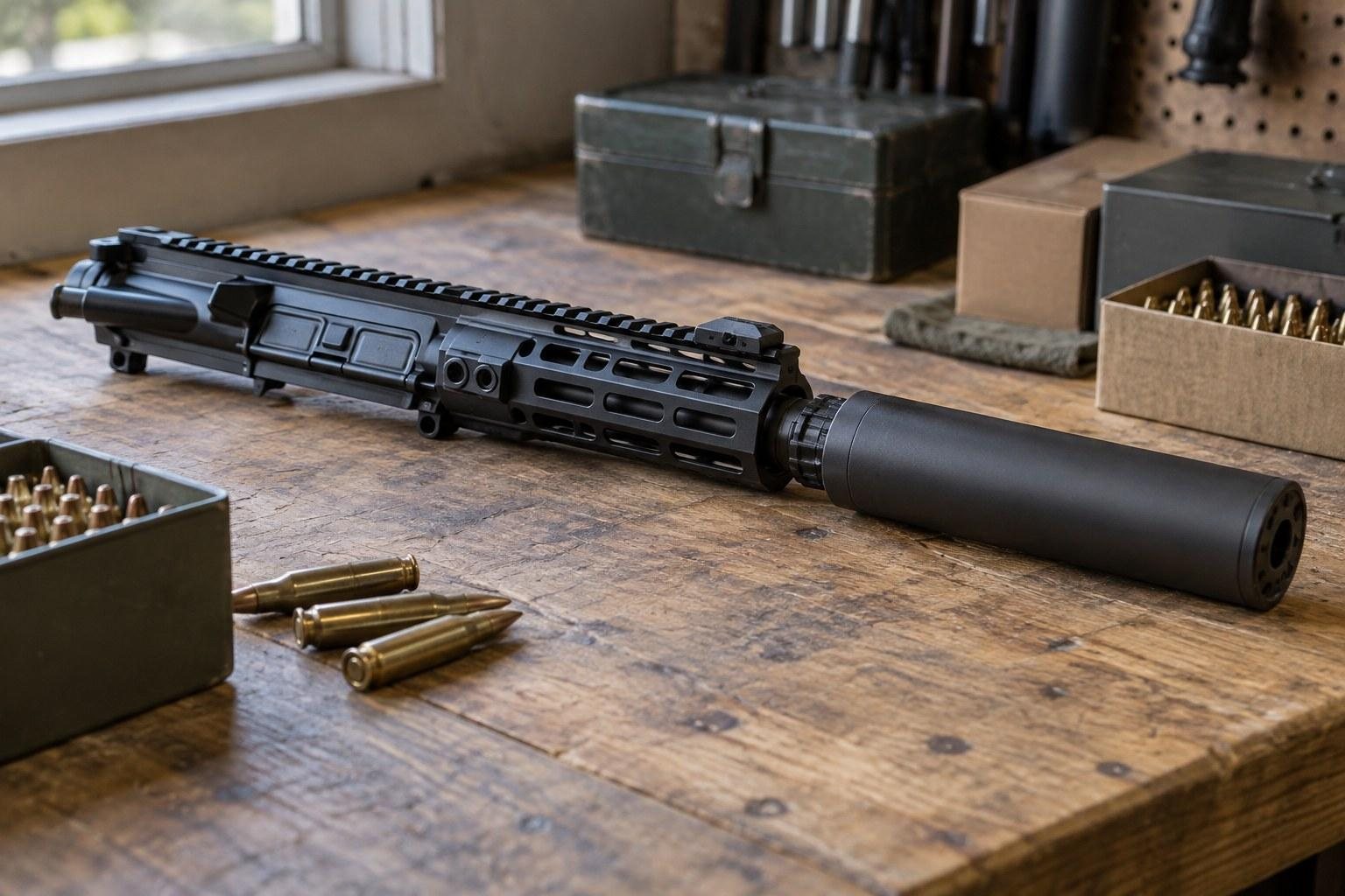 Black rifle-like object with large cylindrical attachment on a wooden workbench beside loose cartridges and boxes.