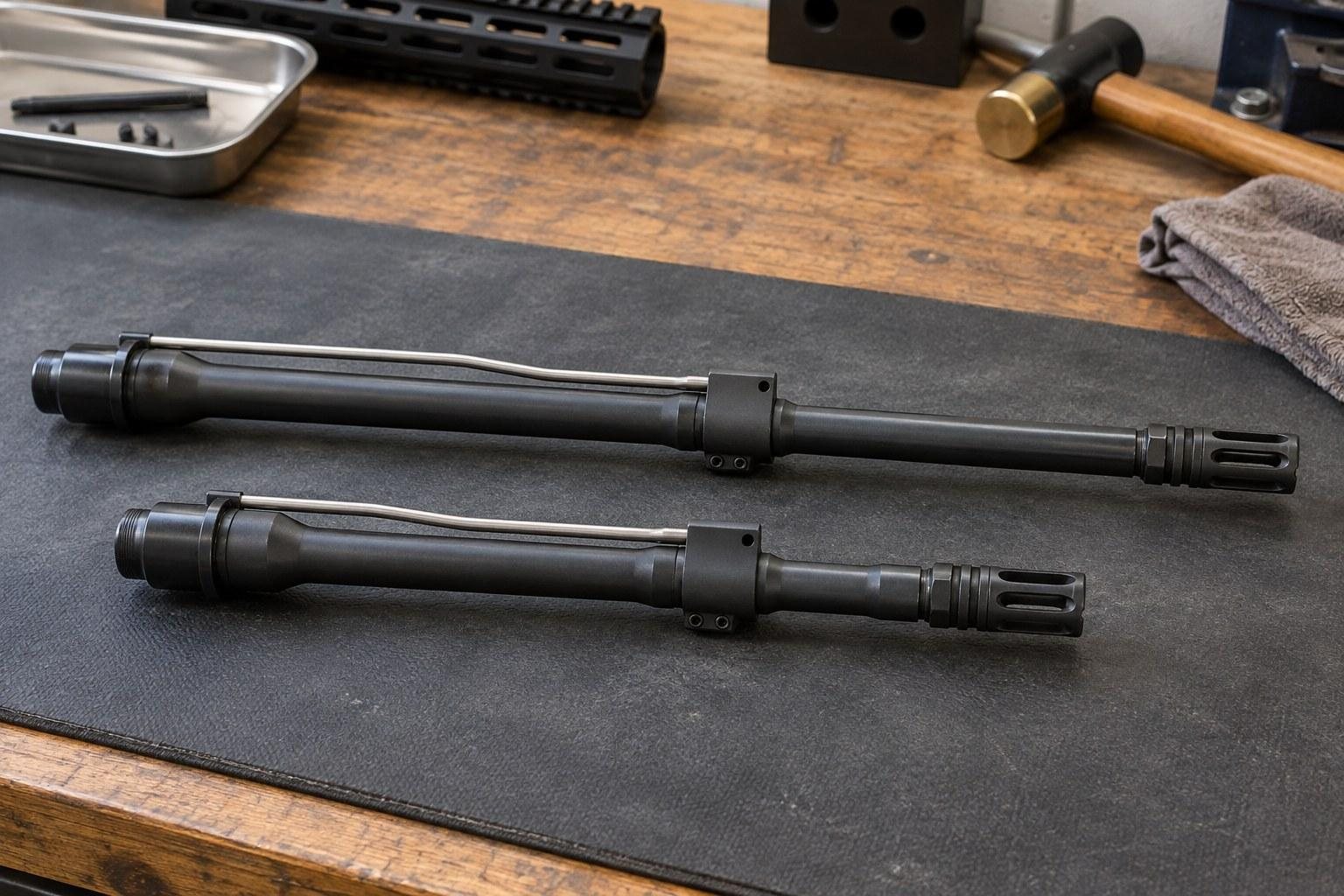Two long dark metal components arranged parallel on a black work mat beside tools and a metal tray.