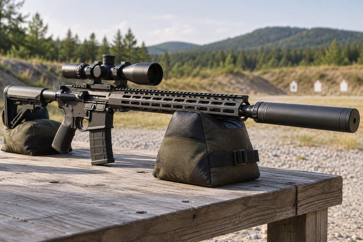 Black scoped rifle with large cylindrical attachment supported on bags atop an outdoor wooden shooting bench.