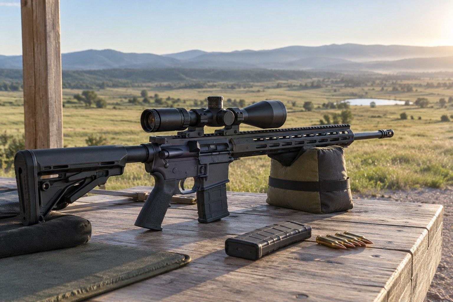 Scoped black rifle on a wooden outdoor bench overlooking a sunlit valley, mountains, and scattered cartridges.