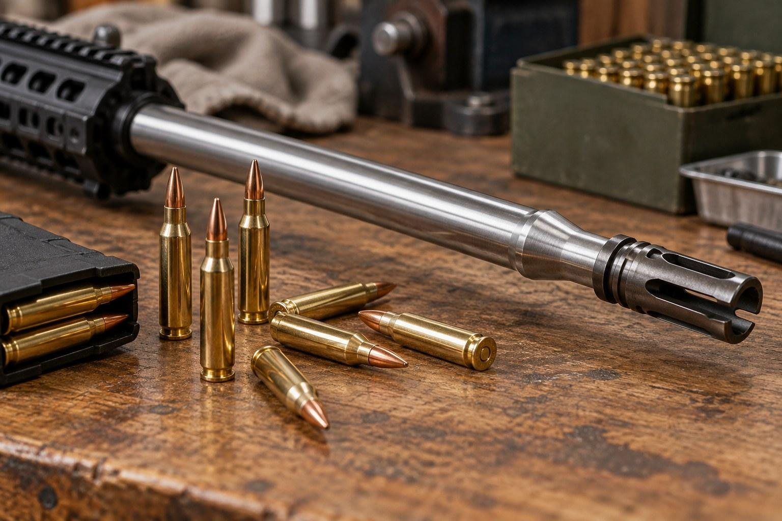 Close-up of a silver rifle barrel, muzzle brake, and scattered brass cartridges on a workbench.