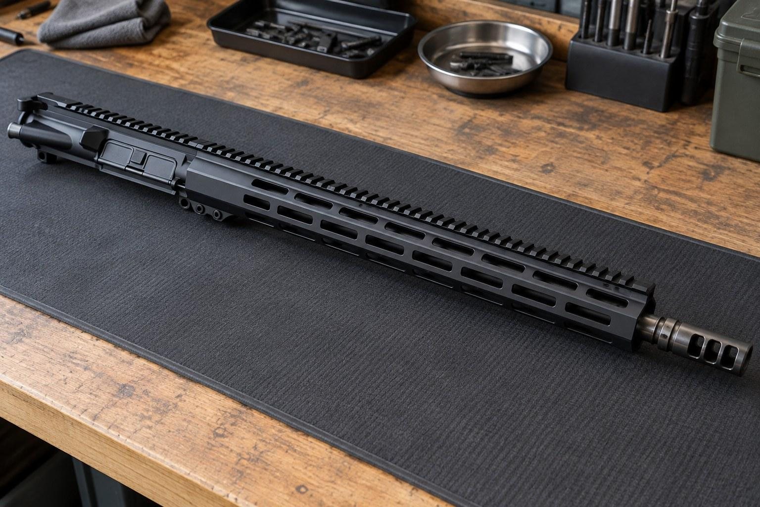 Long black rifle upper assembly displayed on a black work mat beside workshop tools.