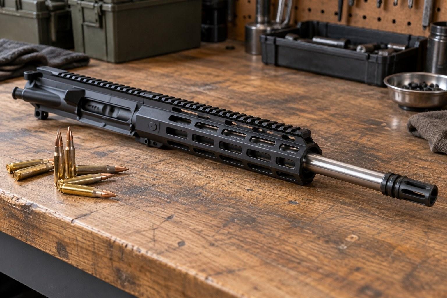 Black rifle upper assembly on a wooden workbench with loose brass cartridges and workshop tools