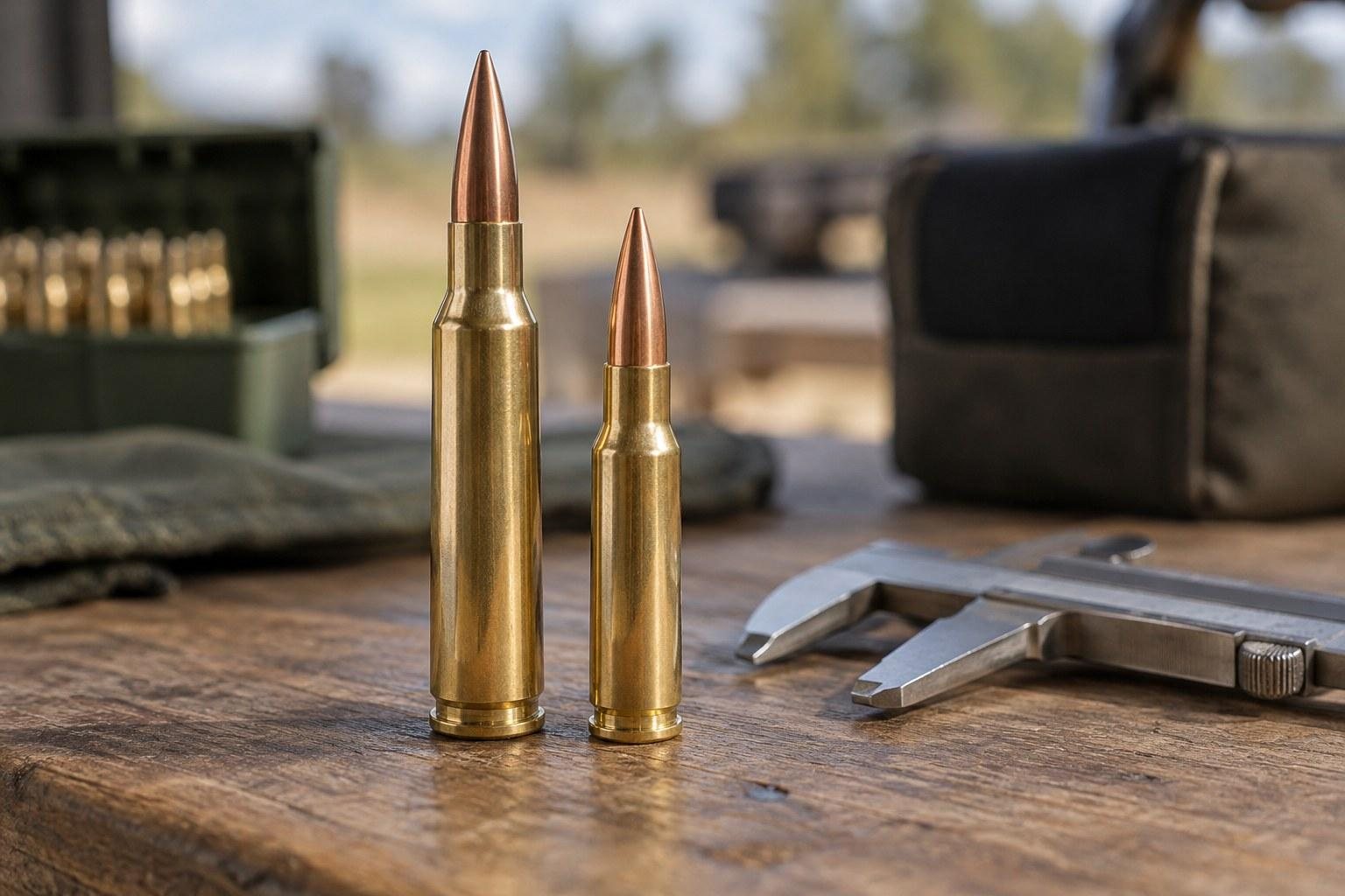 Two upright brass cartridges beside metal tools on a wooden workbench