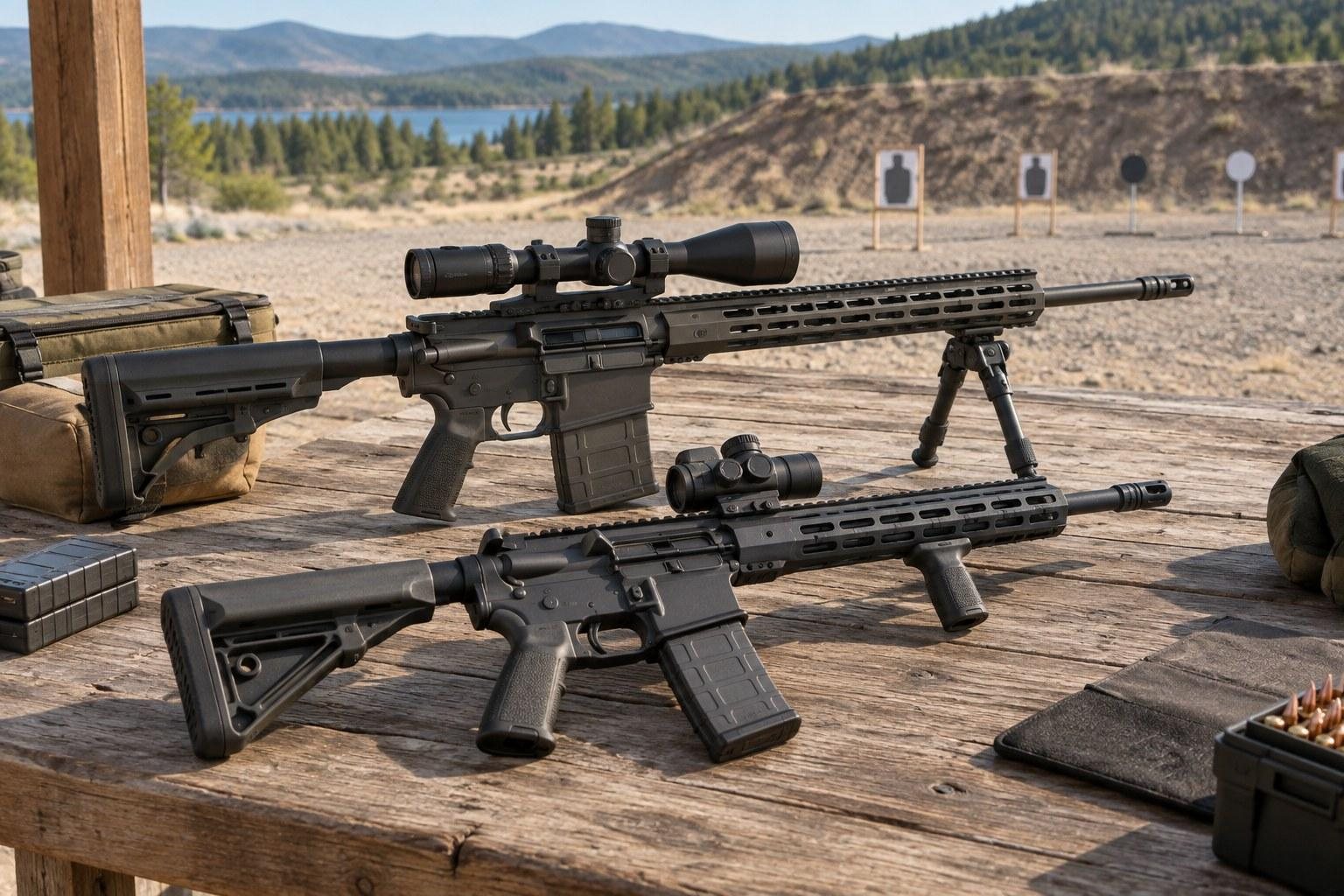 Two black rifles with scopes and bipods resting on a range bench before mountainous targets