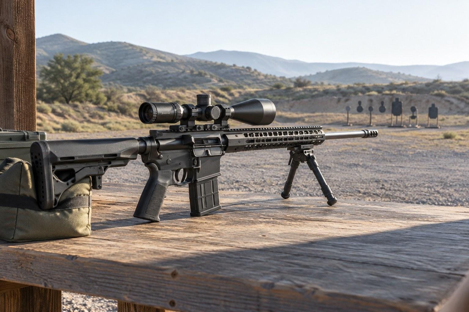 Scoped black rifle supported on a bipod atop a shooting bench overlooking mountains and distant targets