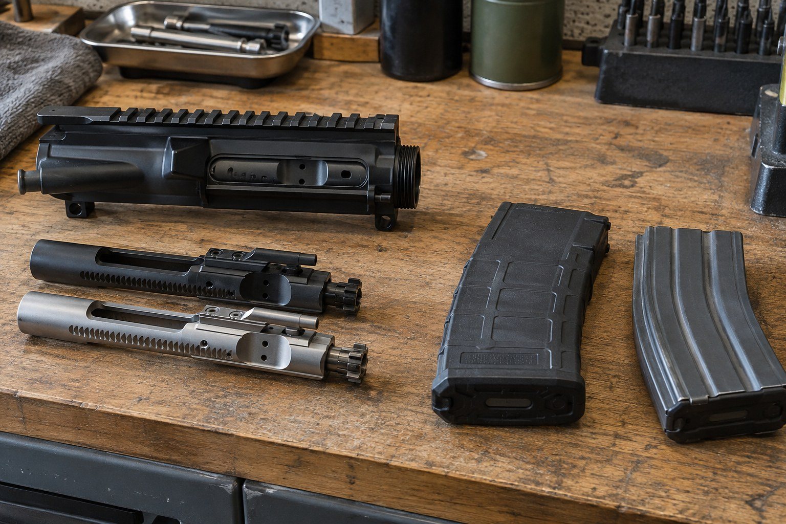 Disassembled black and silver rifle components, magazines, and tools arranged across a wooden workbench