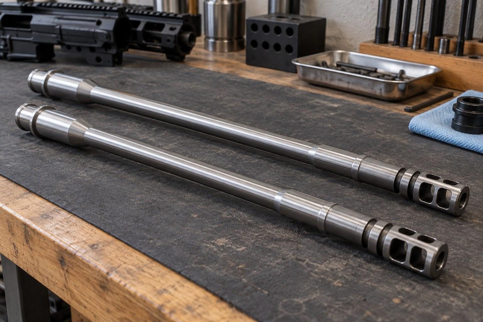 Two long silver metal barrels with dark muzzle devices lying parallel on a workbench
