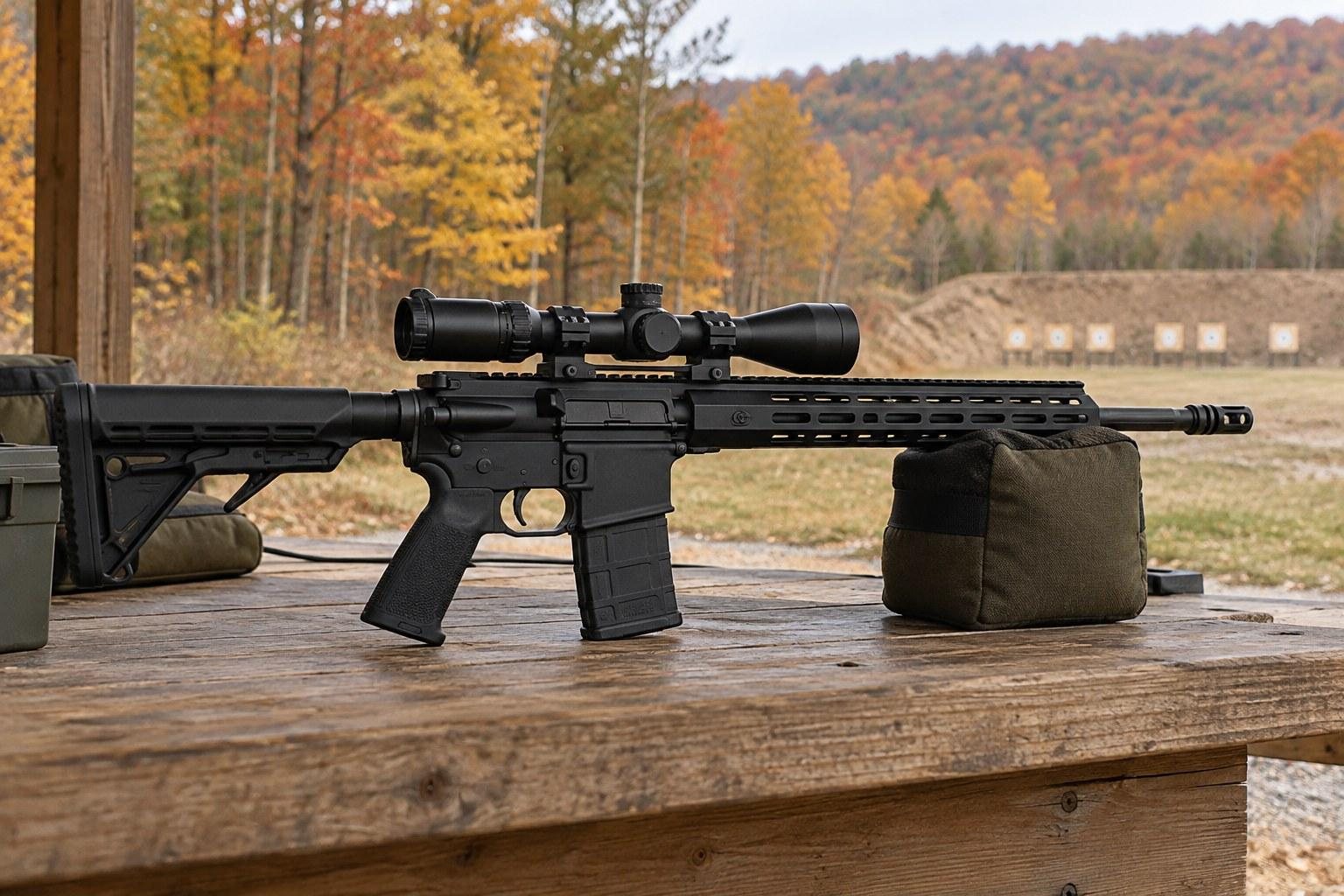 Black rifle with scope on wooden bench, surrounded by autumn trees and distant targets.