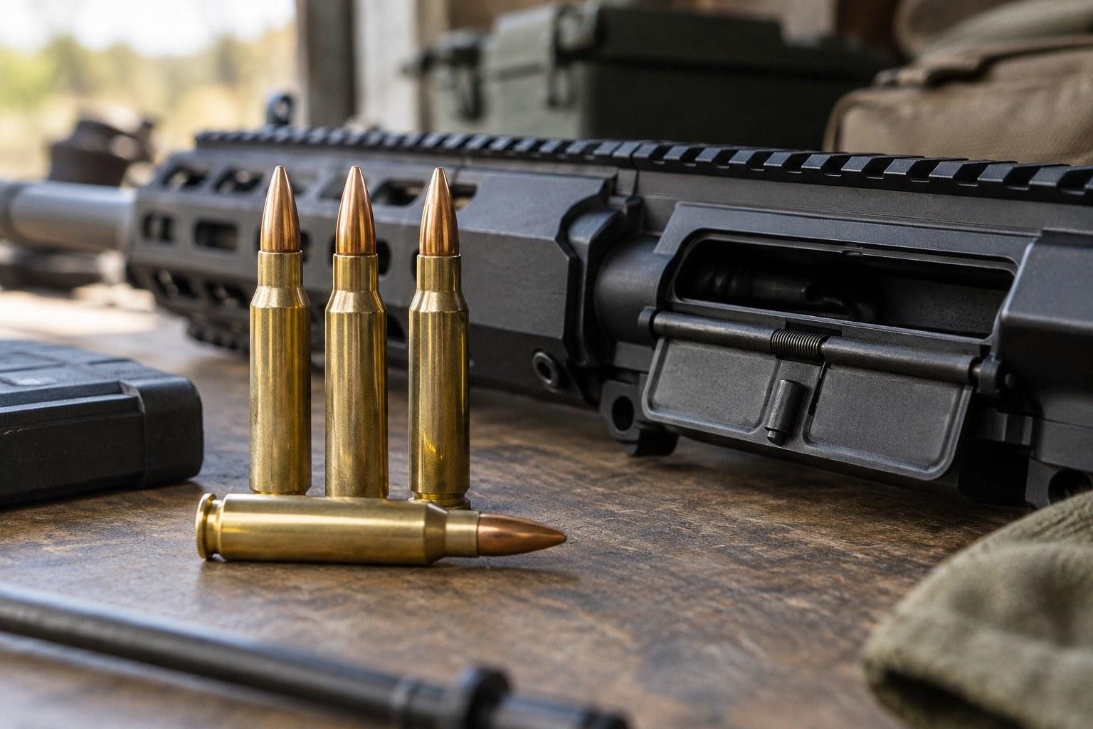 Close-up of black rifle receiver and four brass cartridges on a wooden bench.
