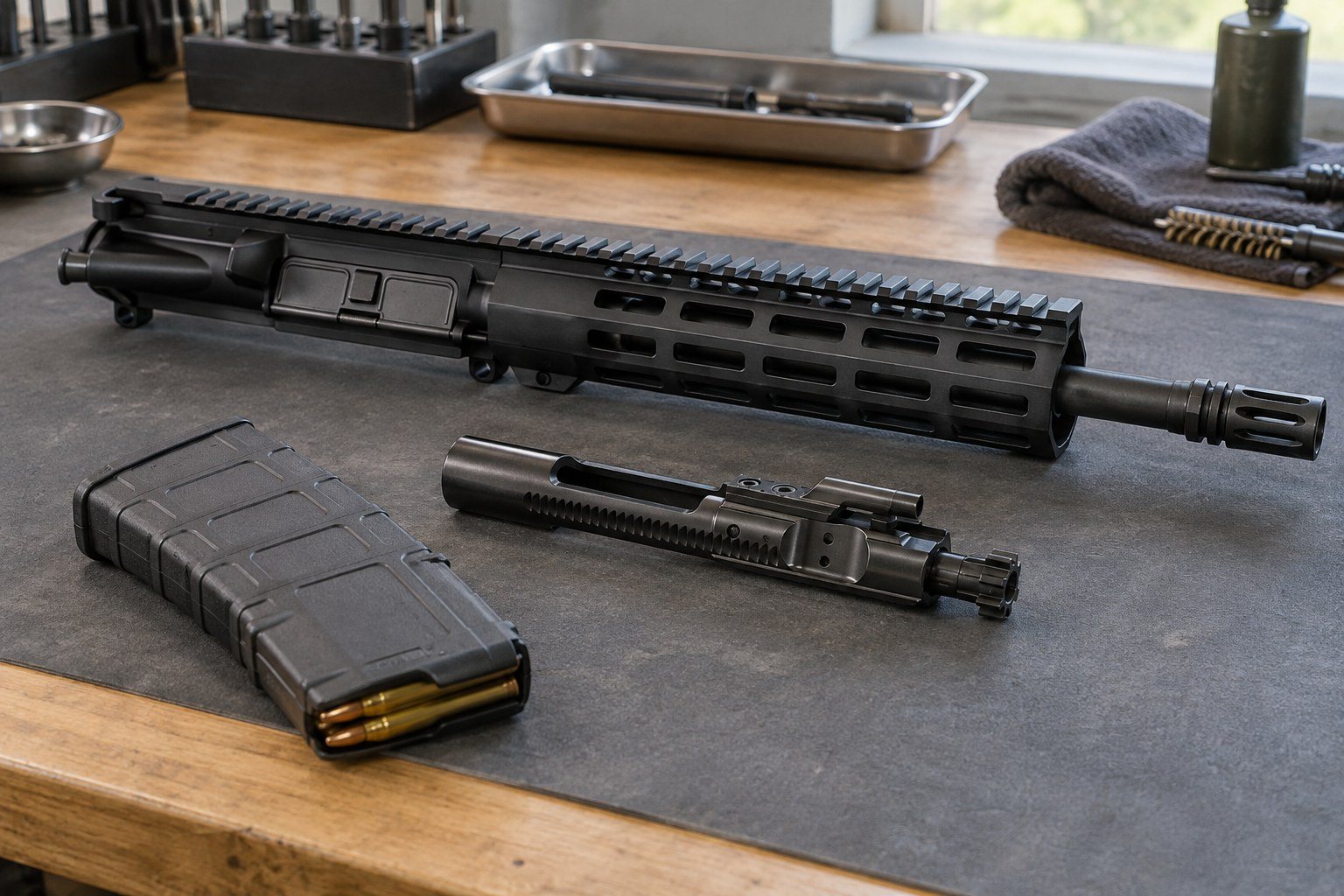 Disassembled black rifle components, magazine, and tools arranged on a workshop table.