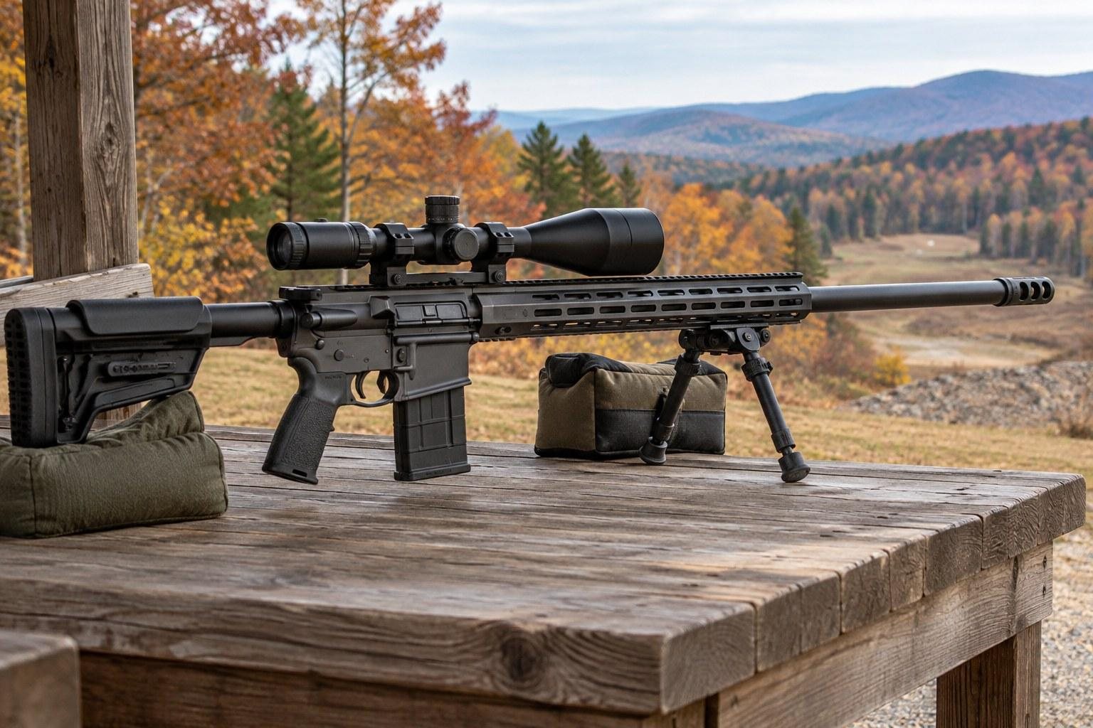 Scoped black rifle with bipod on a wooden bench overlooking autumn mountains