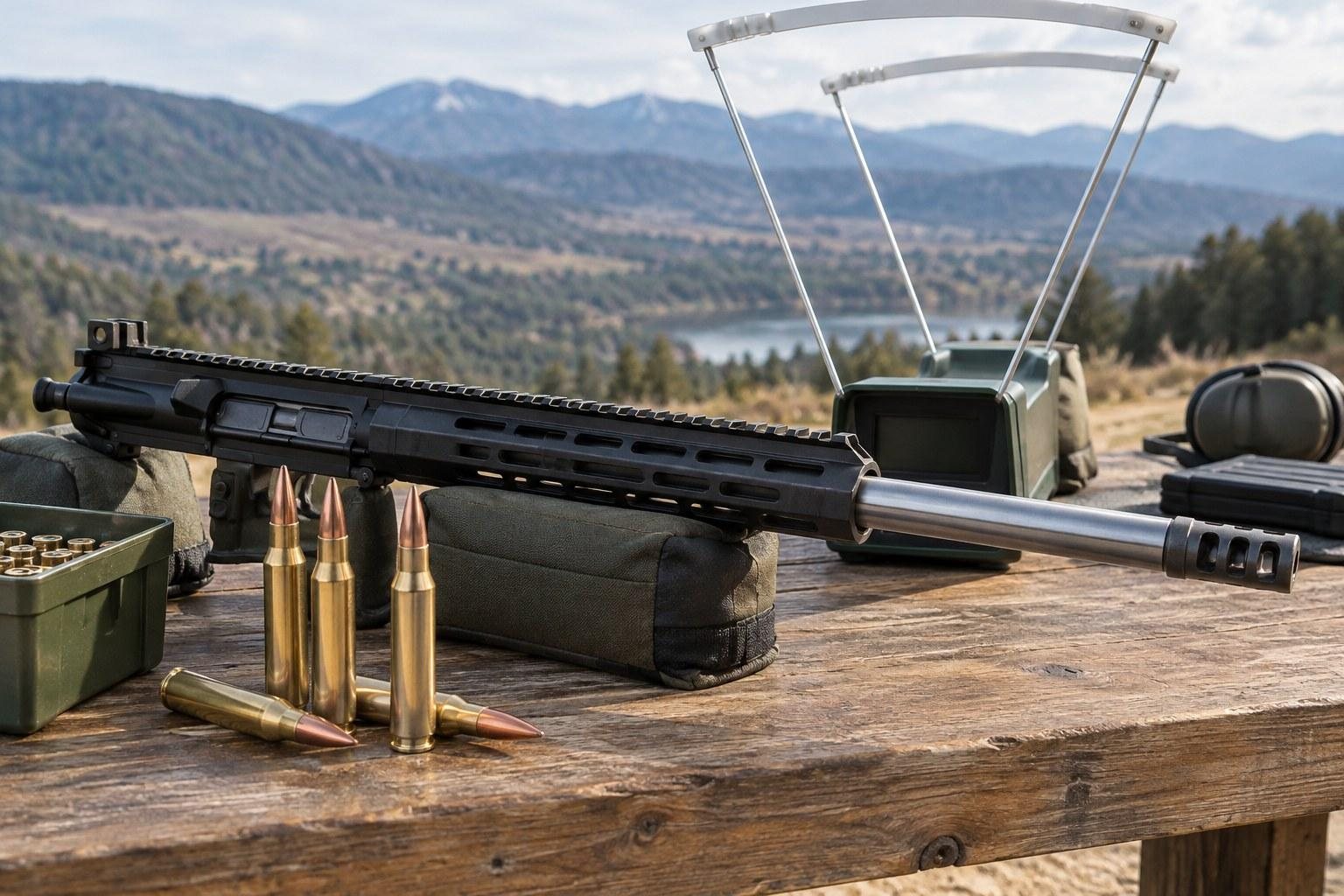 Long black rifle on a wooden bench with cartridges, ammunition box, and mountain landscape