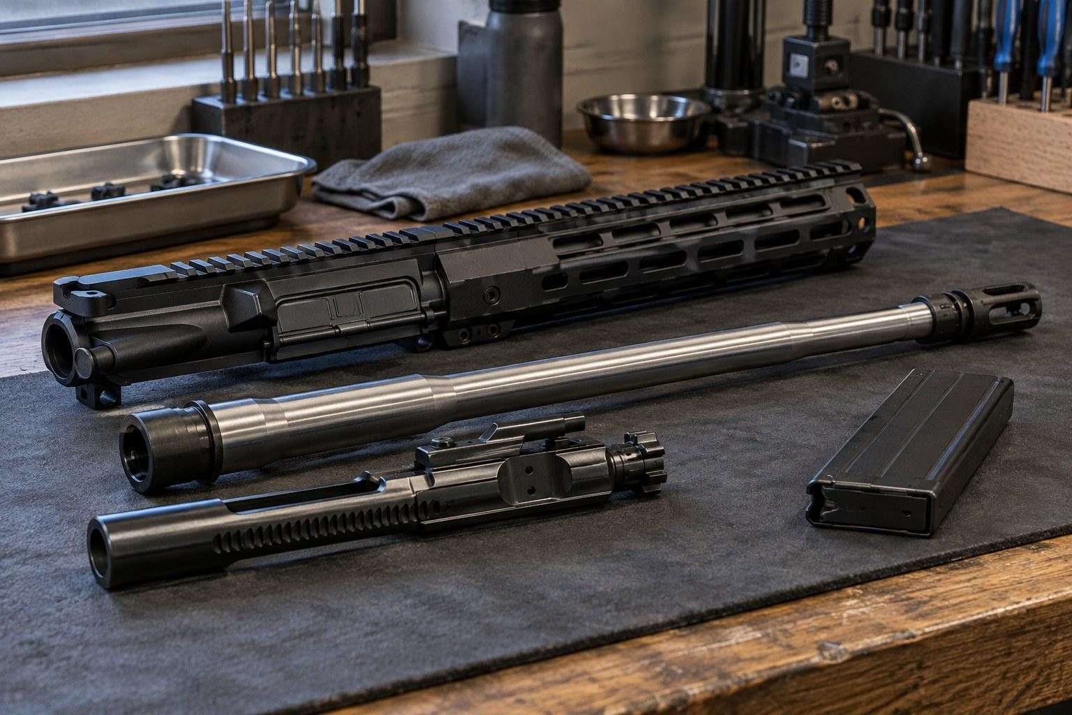 Disassembled rifle components, magazines, and tools arranged on a workshop bench