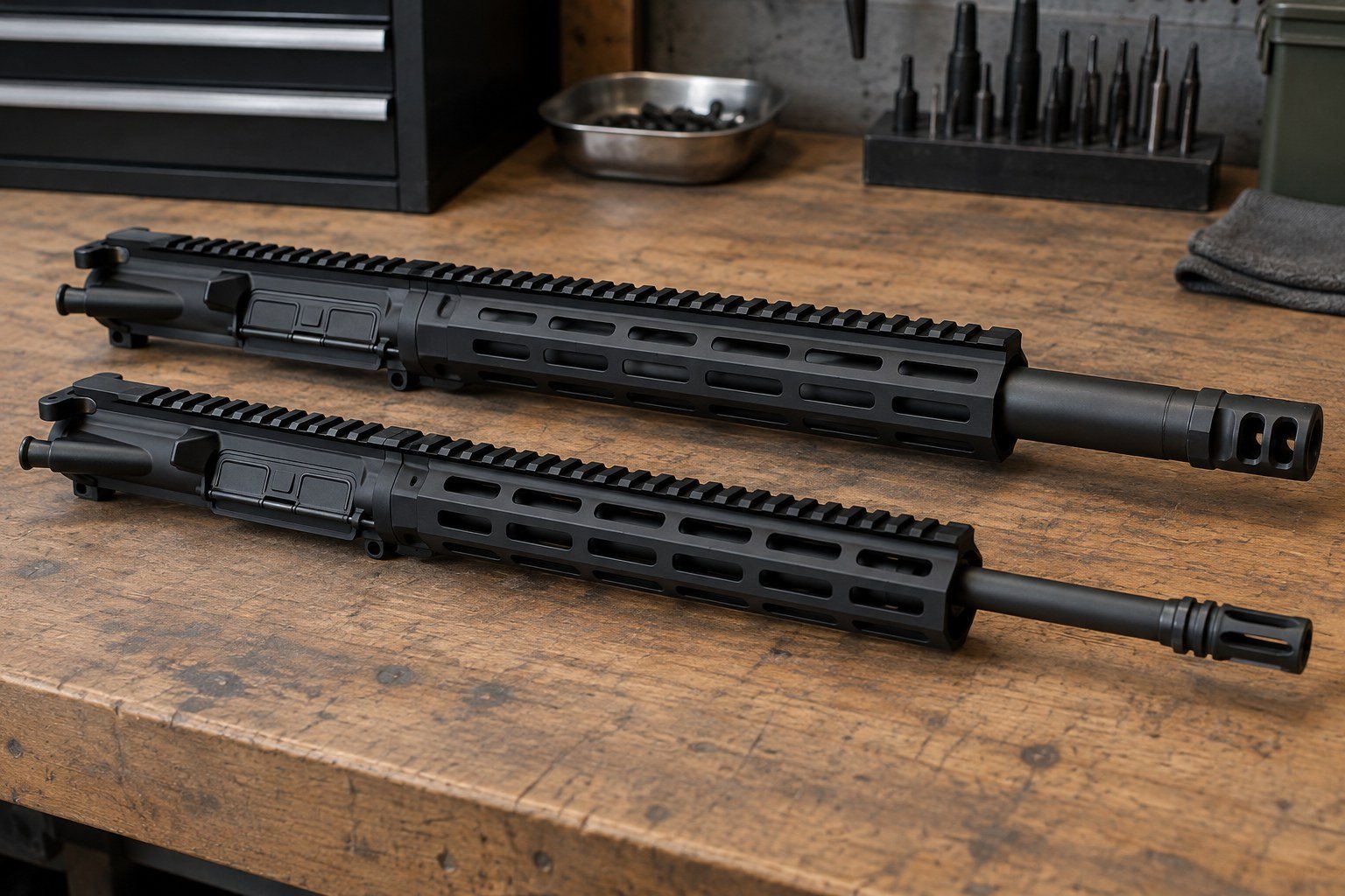 Two black rifle upper assemblies lie parallel on a wooden workshop bench beside tools and containers.