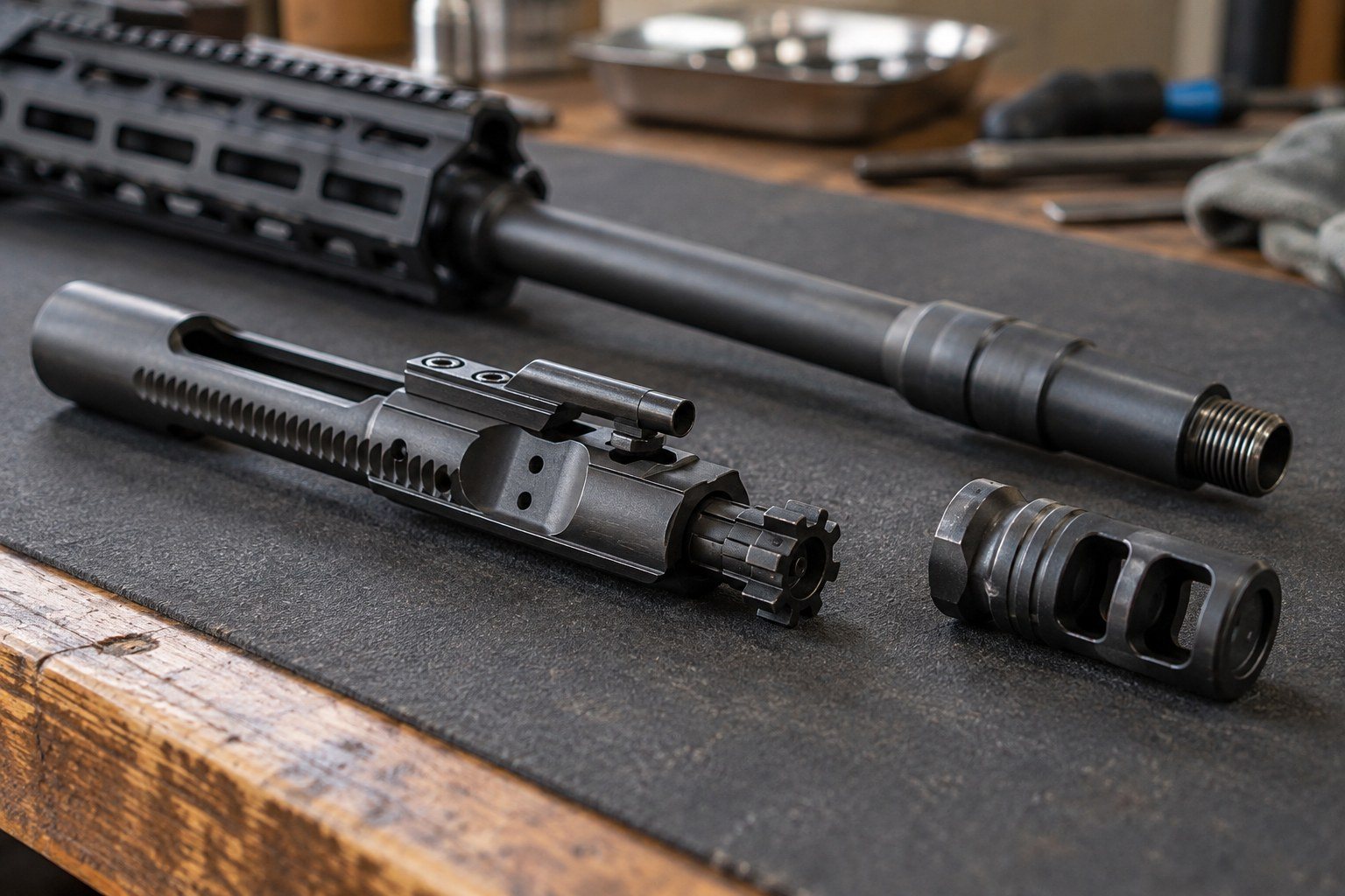 Disassembled black rifle components and cylindrical parts arranged on a dark work mat.