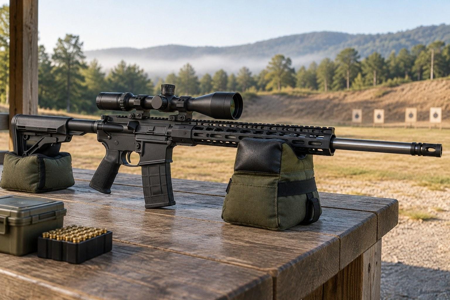 Black scoped rifle resting on sandbags atop a wooden shooting bench, with targets and wooded hills beyond.