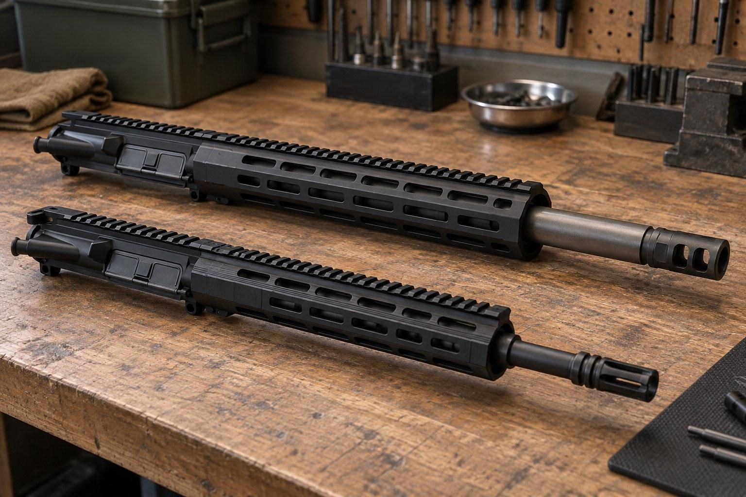 Two black rail-equipped upper assemblies with long handguards and muzzle devices on a wooden workbench.