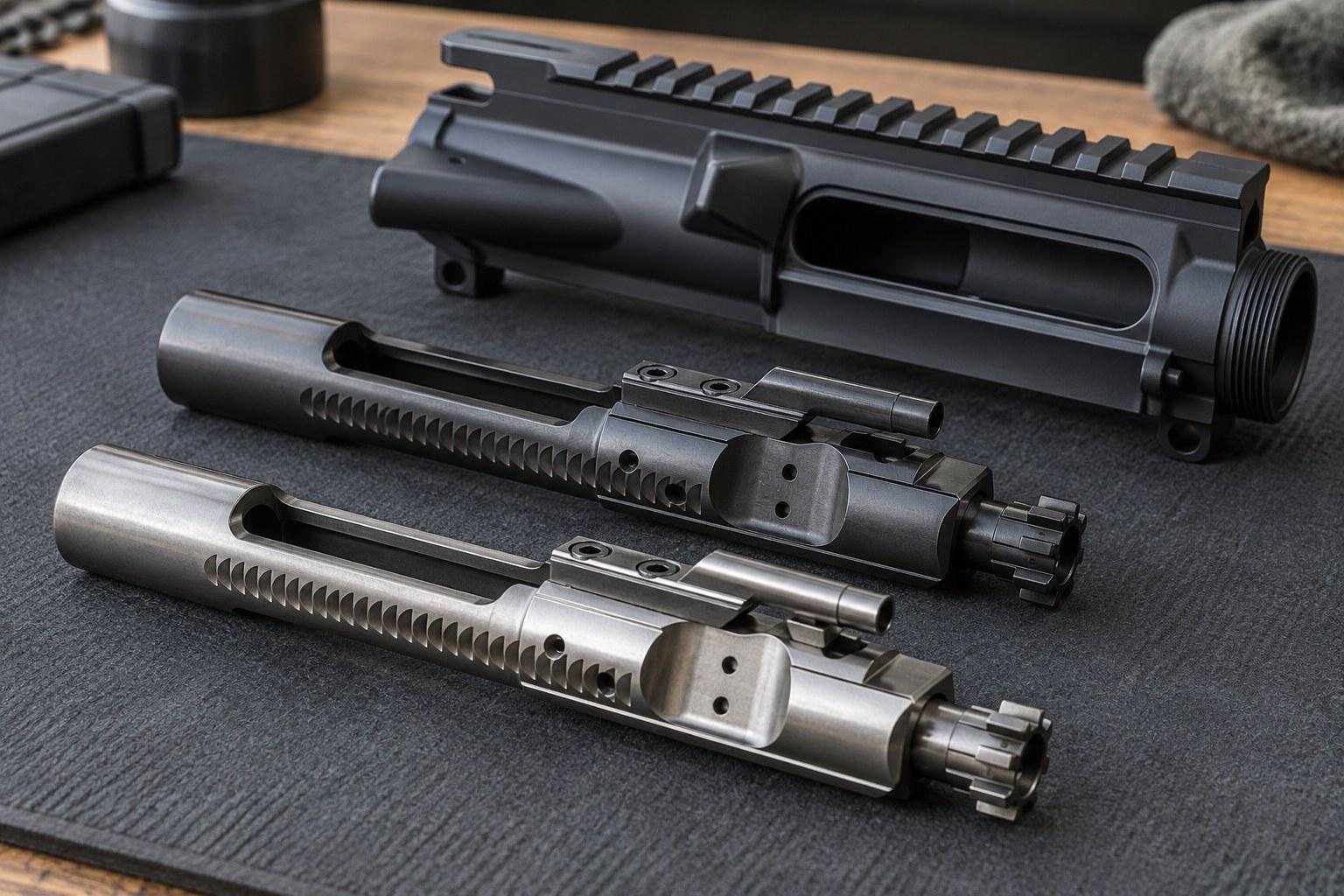Three metal cylindrical components arranged on a dark workbench beside a black rail-equipped upper assembly.