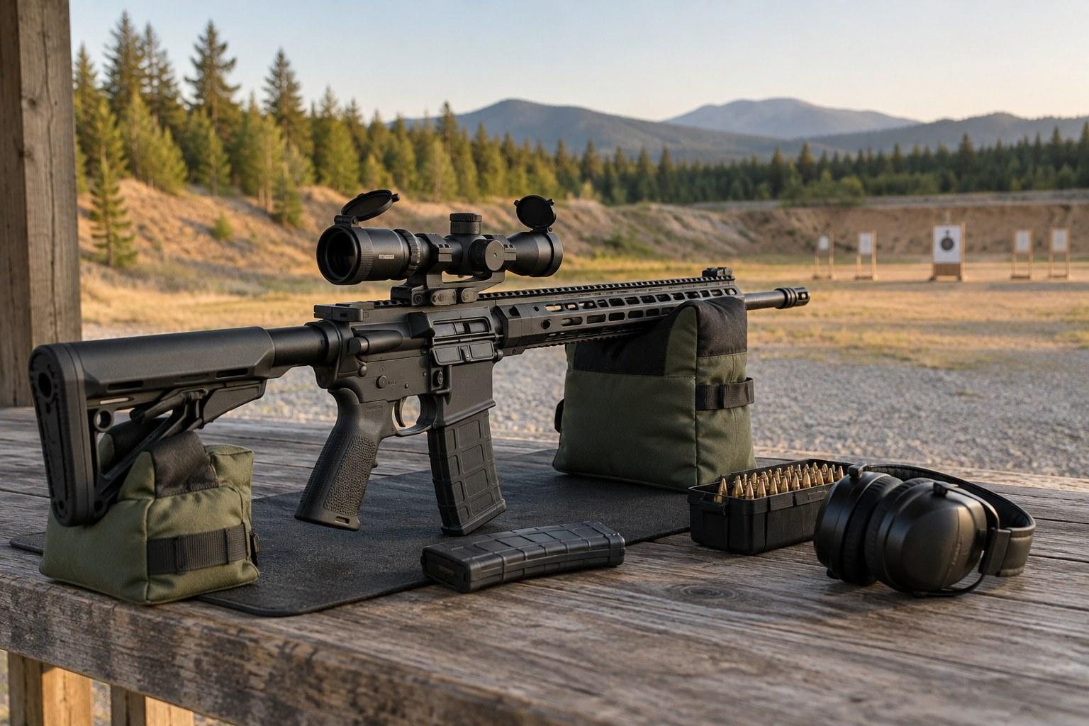 Scoped black rifle resting on sandbags at an outdoor range with mountains and trees behind.