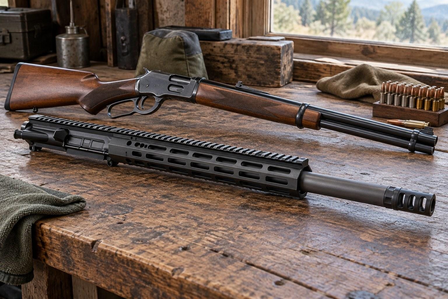 Two long guns rest on a rustic wooden workbench beside gloves, ammunition, tools, and a sunlit window.